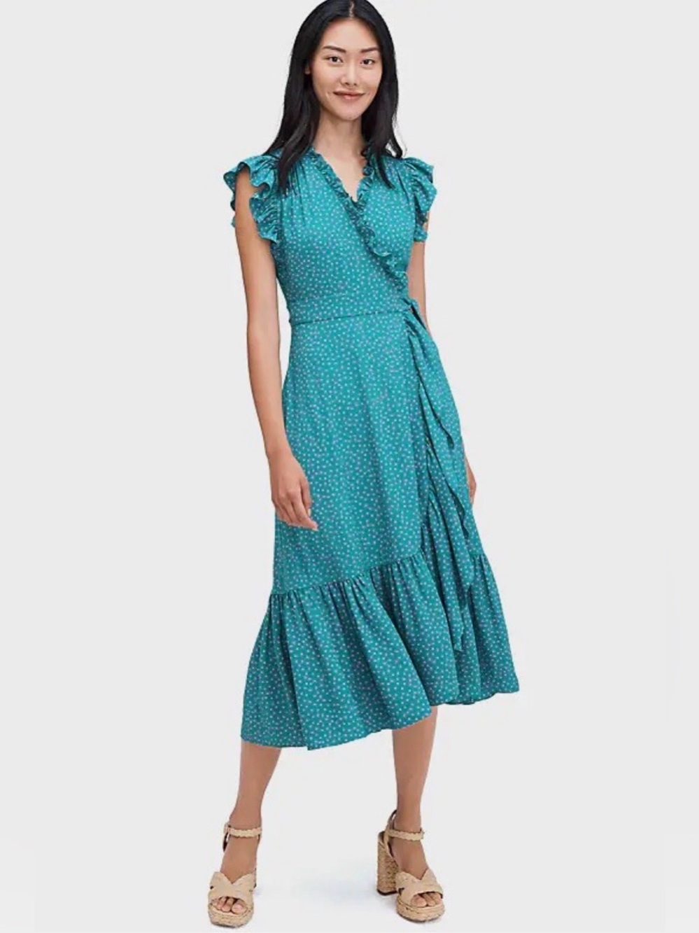 KATE SPADE - Poolside Dot Wrap Dress featuring a green ruffled V-Neck and Hem